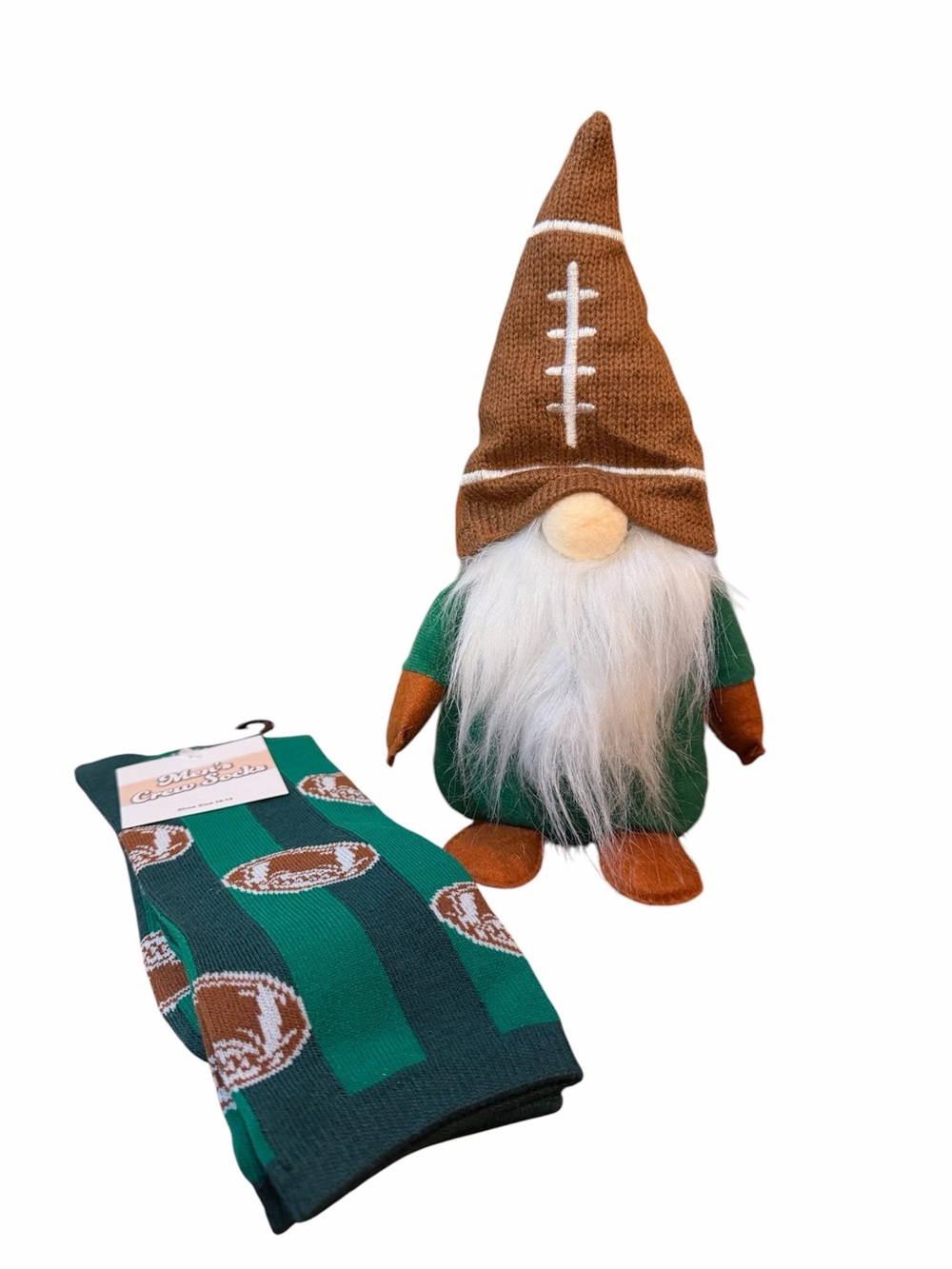 Green & Brown Football-Themed Men’s Socks and Gnome Gift Set. NWT